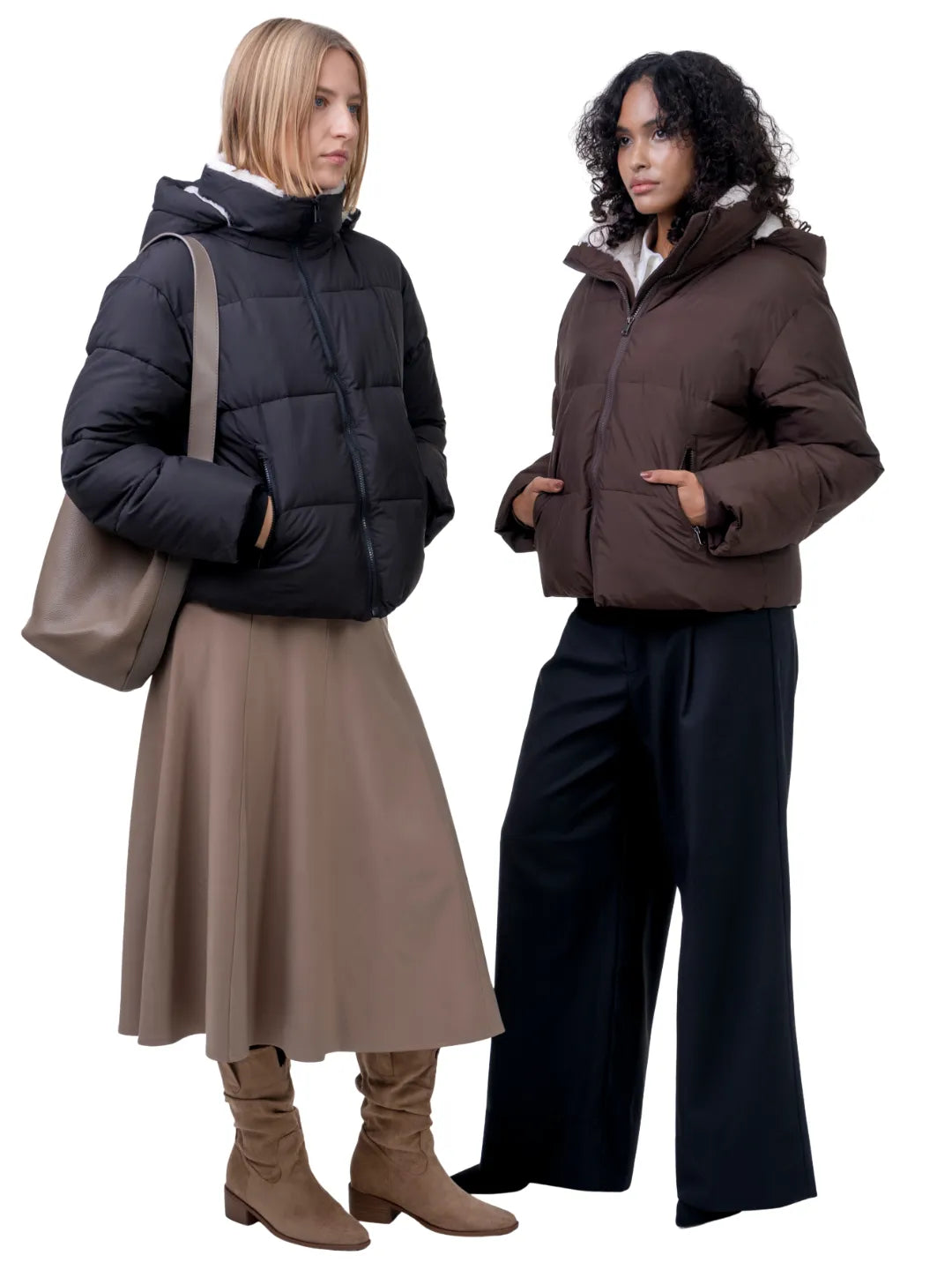 WarmCore™ Premium Faux Fur Lined Short Puffer Jackets with Removable Hood