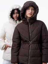 WarmCore™ Premium Hooded Waist-Cinched Puffer With Gold-tone Metal Belt