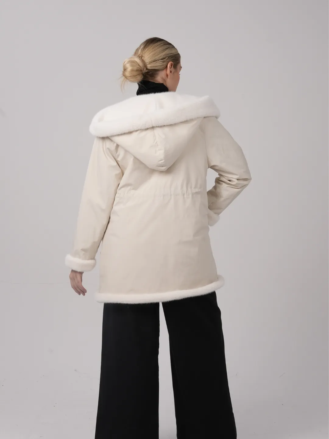 WarmCore™Faux Fur Lining Mid Length Rain Coat,Adjustable Waist Design