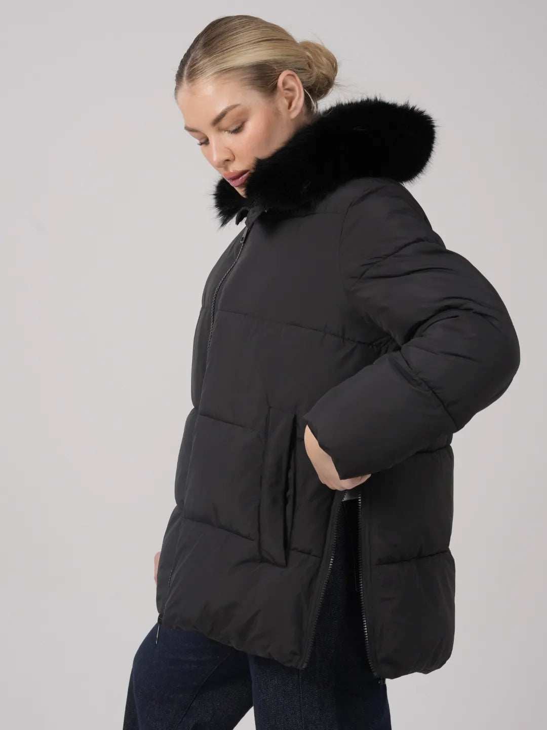 WarmCore™Faux Fur Collar Puffer With Detached Hood,Removable Faux Fur Collar