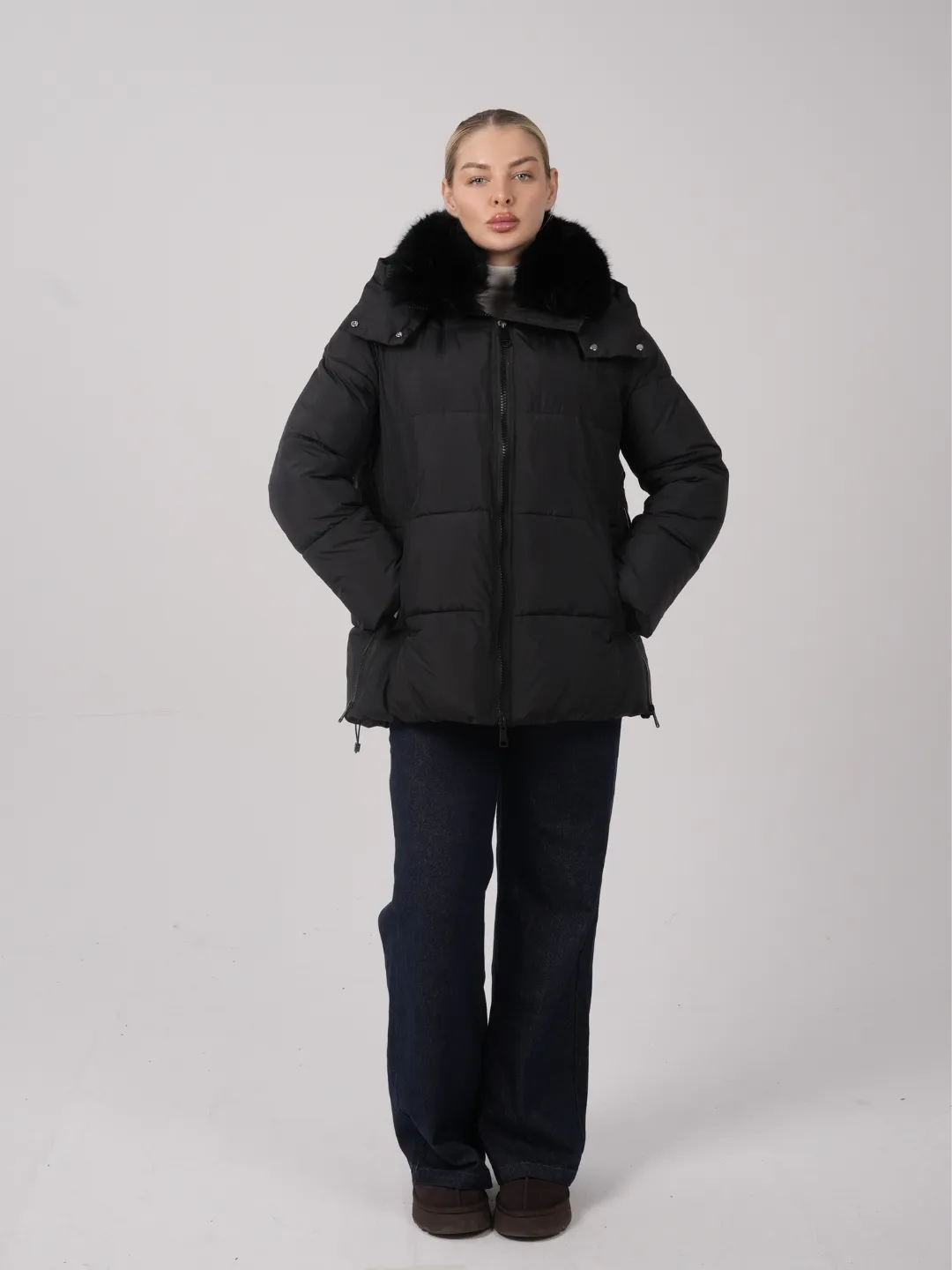 WarmCore™Faux Fur Collar Puffer With Detached Hood,Removable Faux Fur Collar