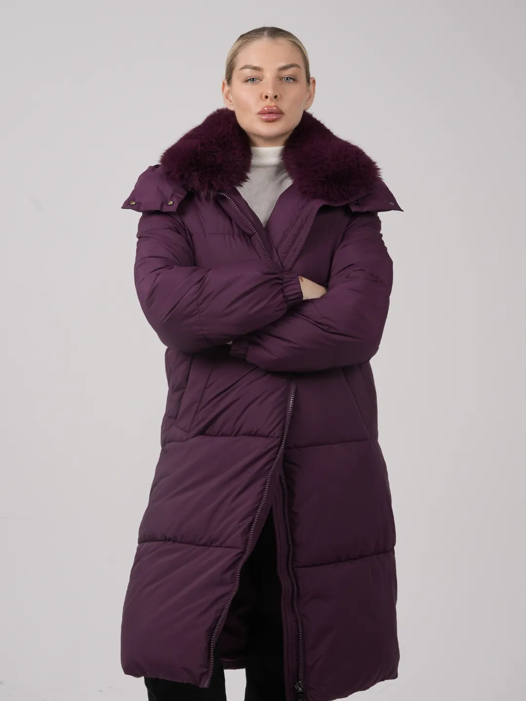 WarmCore™ Faux Fur Collar, Detached Hood, and Side Zip,High-quality Eco-Friendly Fur Collar