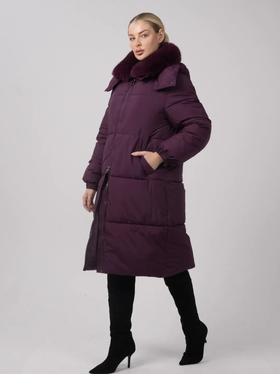 WarmCore™ Faux Fur Collar, Detached Hood, and Side Zip,High-quality Eco-Friendly Fur Collar