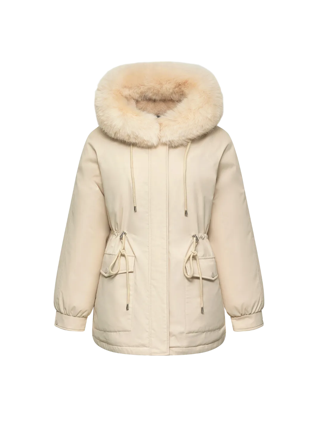 WarmCore™ Faux Fur Mid-Length Hooded Drawstring Parka With Adjustable Waist Belt Desig
