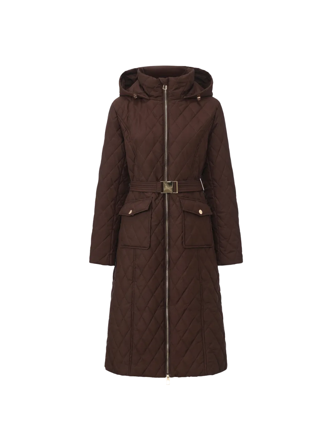 WarmCore™ Premium Long Dimond Quilted Puffer With Adjustable Belt