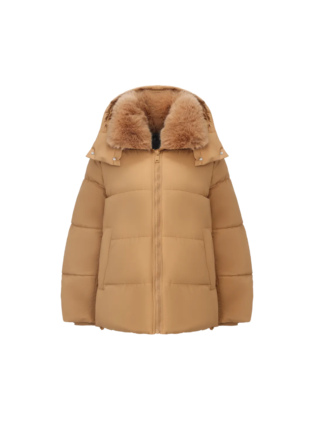 WarmCore™Faux Fur Collar Puffer With Detached Hood,Removable Faux Fur Collar