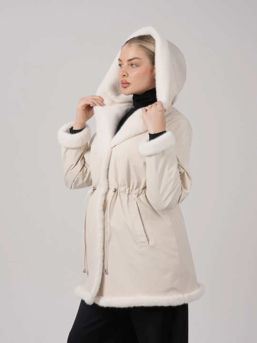 WarmCore™Faux Fur Lining Mid Length Rain Coat,Adjustable Waist Design