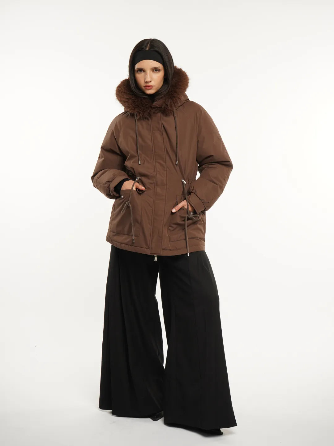 WarmCore™ Faux Fur Mid-Length Hooded Drawstring Parka With Adjustable Waist Belt Desig
