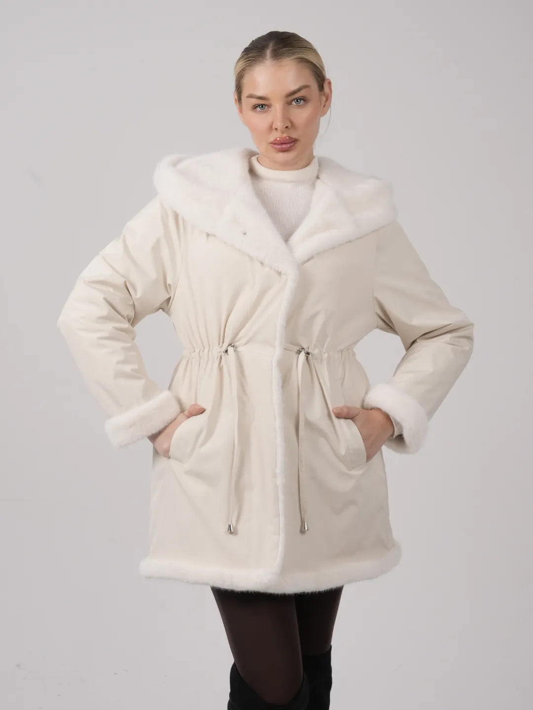 WarmCore™Faux Fur Lining Mid Length Rain Coat,Adjustable Waist Design