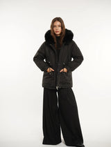 WarmCore™ Faux Fur Mid-Length Hooded Drawstring Parka With Adjustable Waist Belt Desig