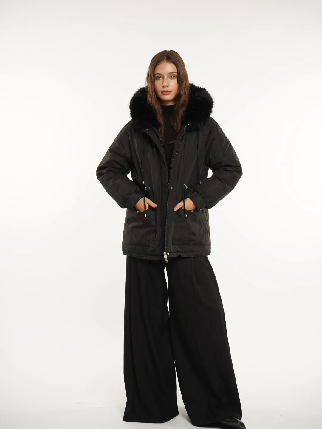 WarmCore™ Faux Fur Mid-Length Hooded Drawstring Parka With Adjustable Waist Belt Desig