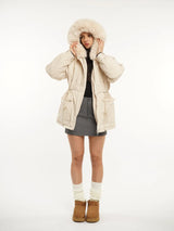 WarmCore™ Faux Fur Mid-Length Hooded Drawstring Parka With Adjustable Waist Belt Desig