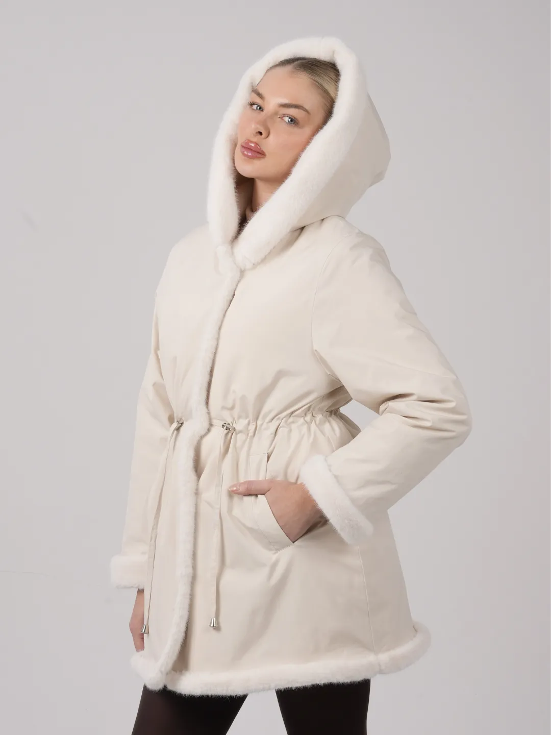 WarmCore™Faux Fur Lining Mid Length Rain Coat,Adjustable Waist Design