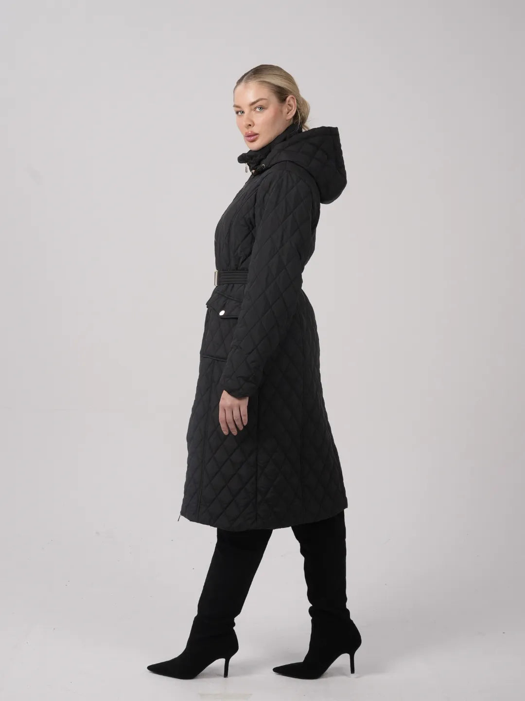 WarmCore™ Premium Long Dimond Quilted Puffer With Adjustable Belt