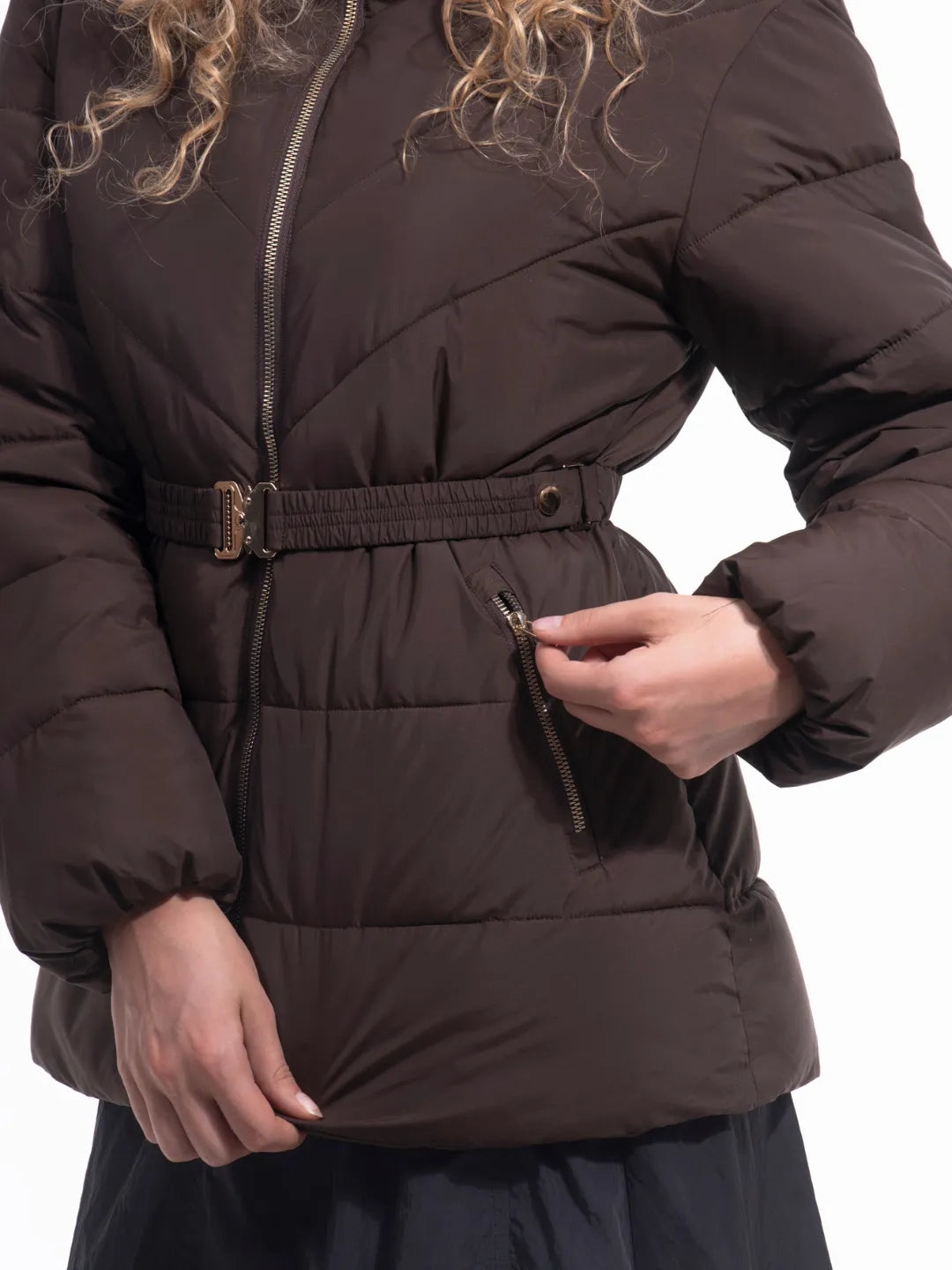 WarmCore™ Premium Hooded Waist-Cinched Puffer With Gold-tone Metal Belt