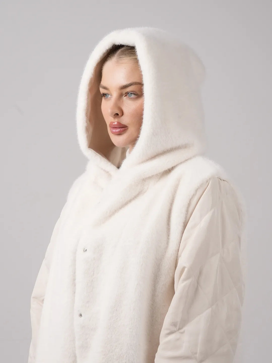 WarmCore™Faux Fur Lining Mid Length Rain Coat,Adjustable Waist Design