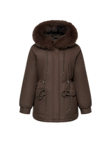 WarmCore™ Faux Fur Mid-Length Hooded Drawstring Parka With Adjustable Waist Belt Desig