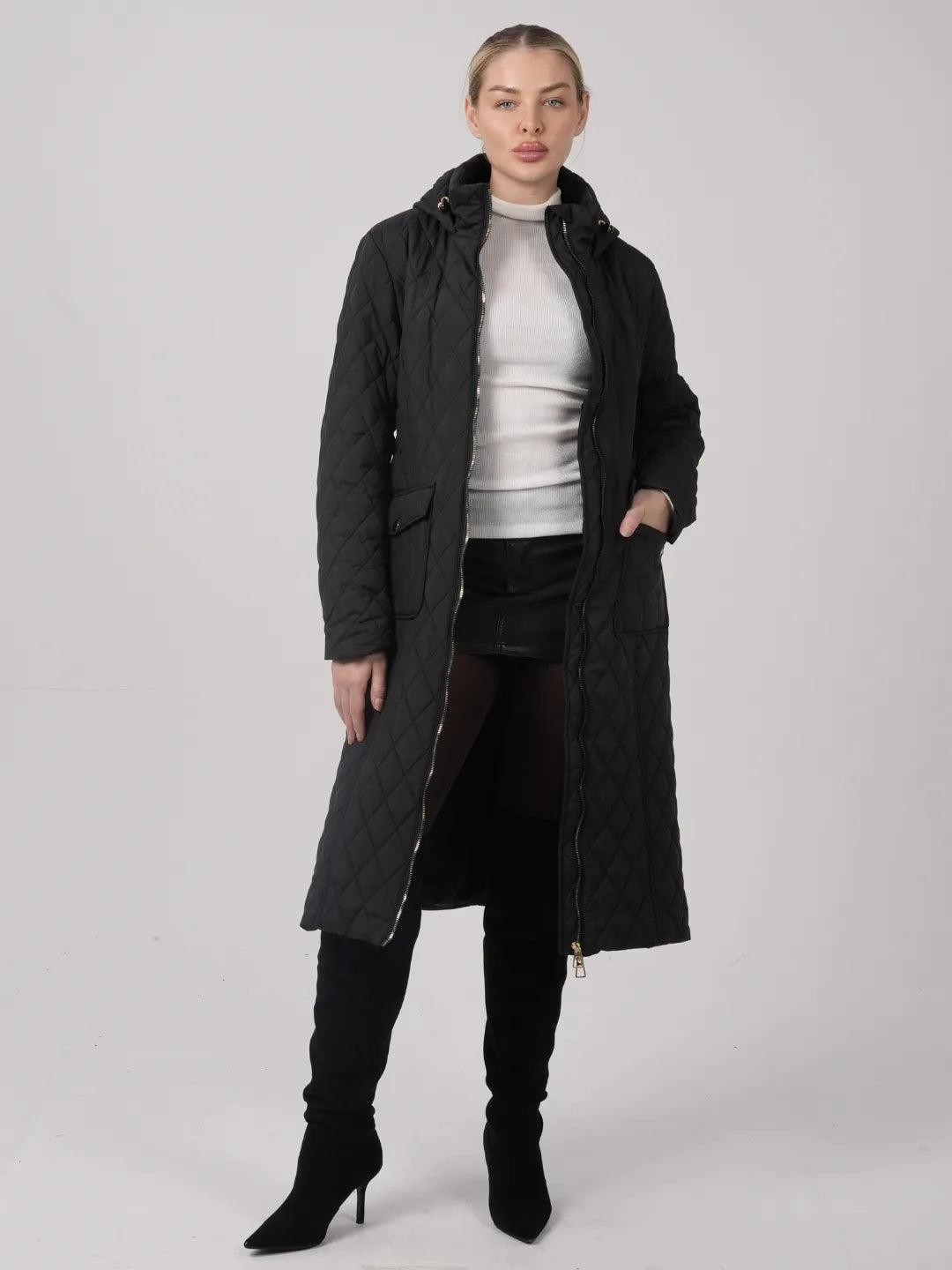 WarmCore™ Premium Long Dimond Quilted Puffer With Adjustable Belt