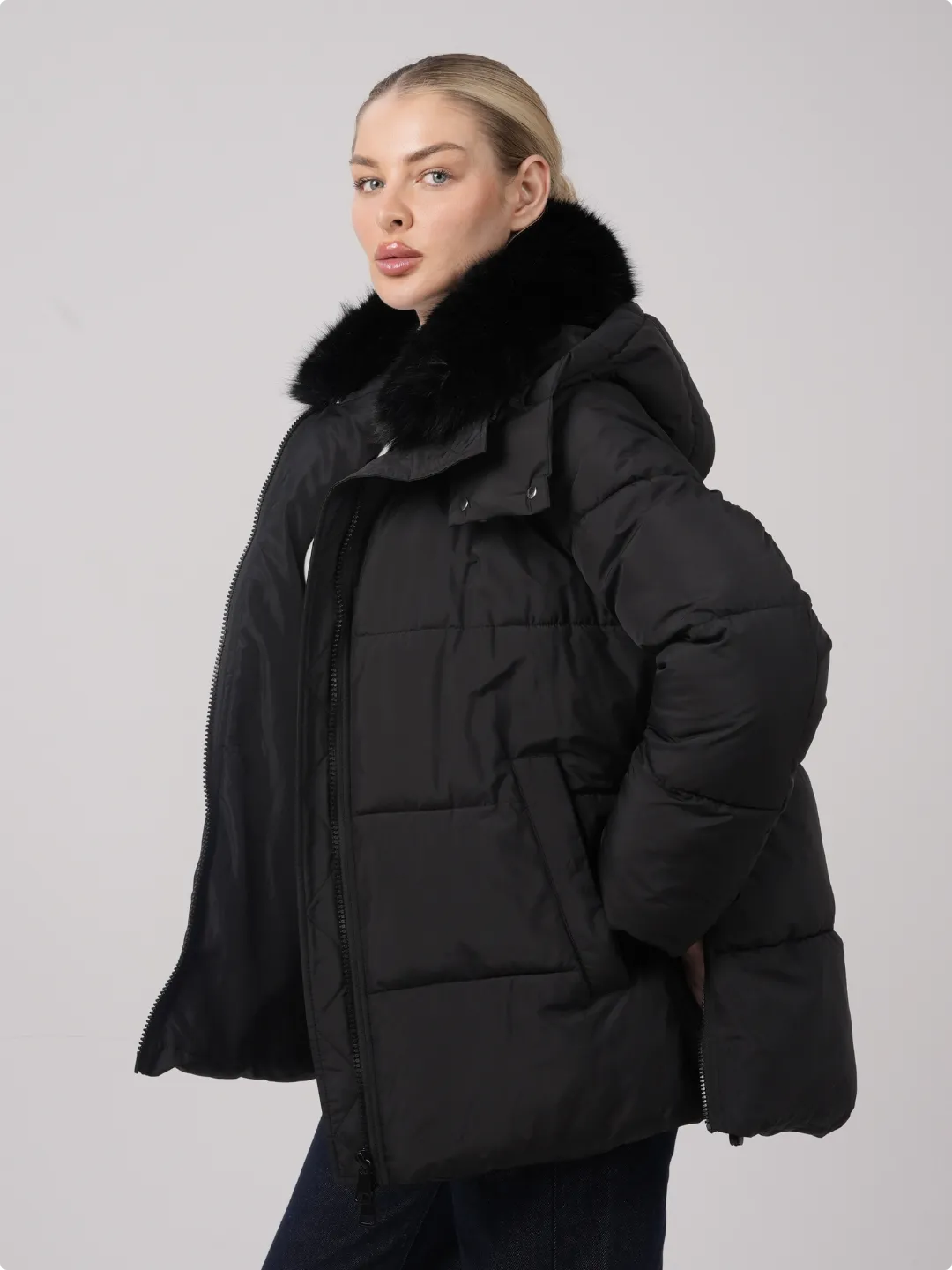 WarmCore™Faux Fur Collar Puffer With Detached Hood,Removable Faux Fur Collar