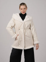 WarmCore™Faux Fur Lining Mid Length Rain Coat,Adjustable Waist Design