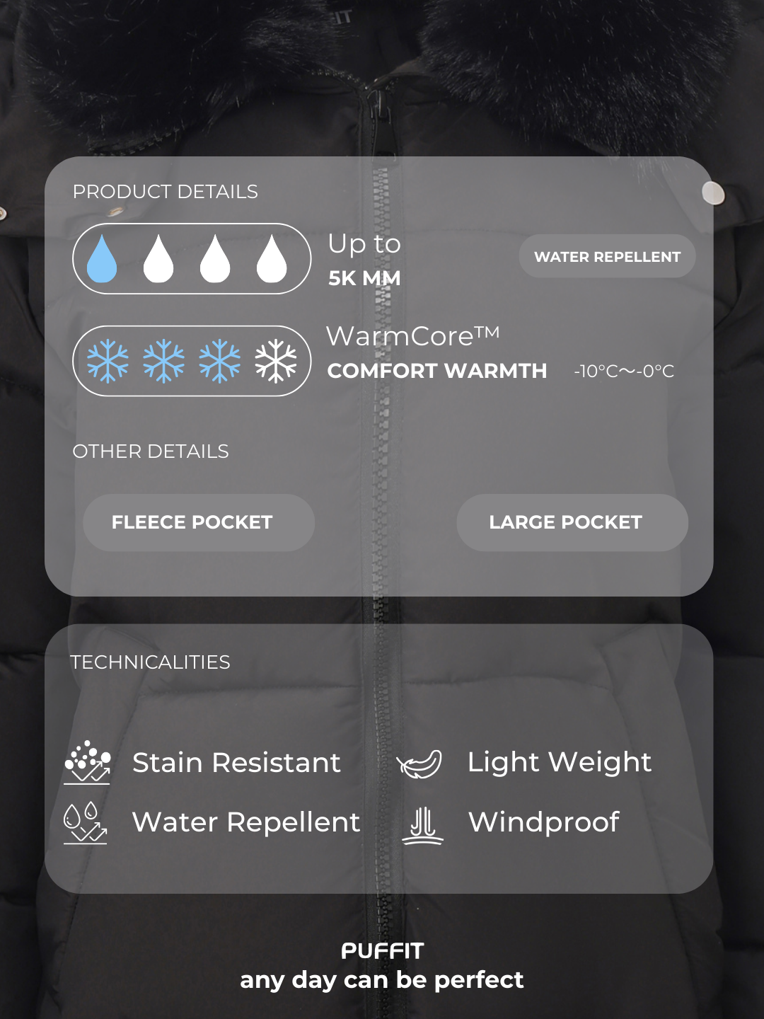 WarmCore™Faux Fur Collar Puffer With Detached Hood,Removable Faux Fur Collar