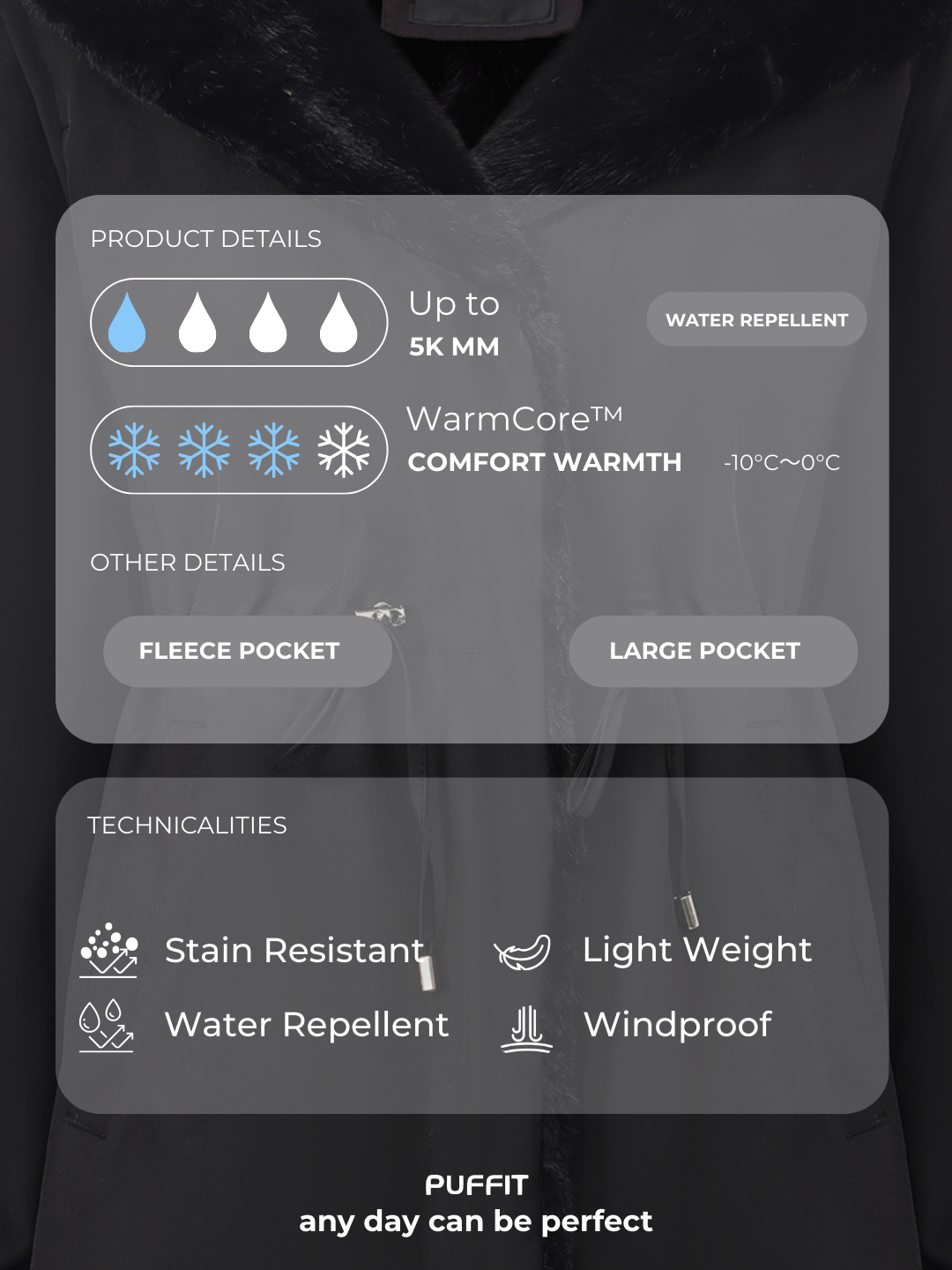 WarmCore™Faux Fur Lining Mid Length Rain Coat,Adjustable Waist Design